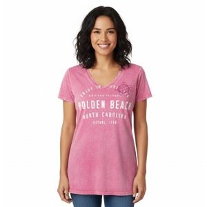 EMI Holden Beach North Carolina Graphic V Neck T Shirt Pink Acid Wash Size S Y2K